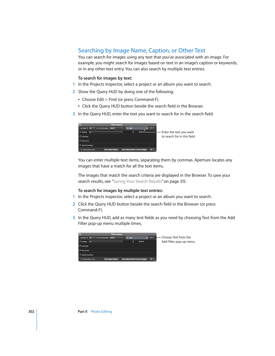 Searching by image name, caption, or other text, P. 302) | Apple Aperture 2 User Manual | Page 302 / 701