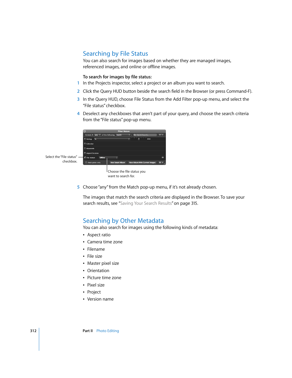 Searching by file status, Searching by other metadata, P. 312) | Apple Aperture 2 User Manual | Page 312 / 701