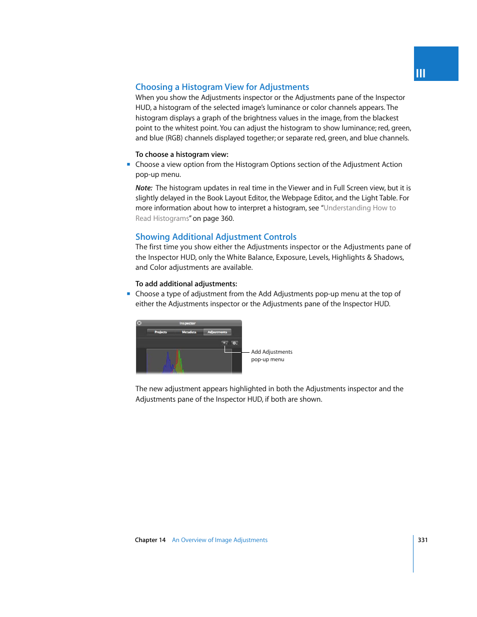 Choosing a histogram view for adjustments, Showing additional adjustment controls | Apple Aperture 2 User Manual | Page 331 / 701