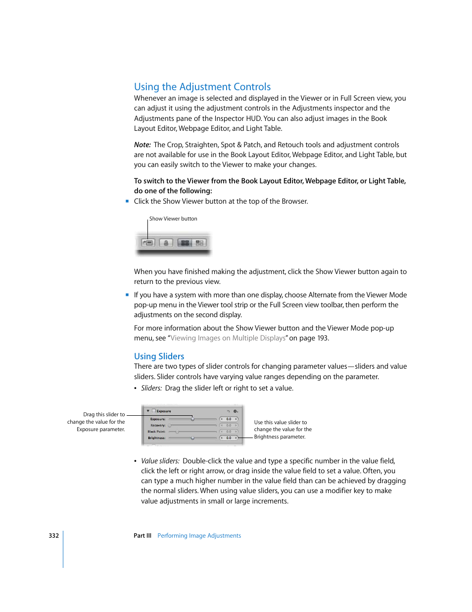 Using the adjustment controls, Using sliders, P. 332) | Apple Aperture 2 User Manual | Page 332 / 701