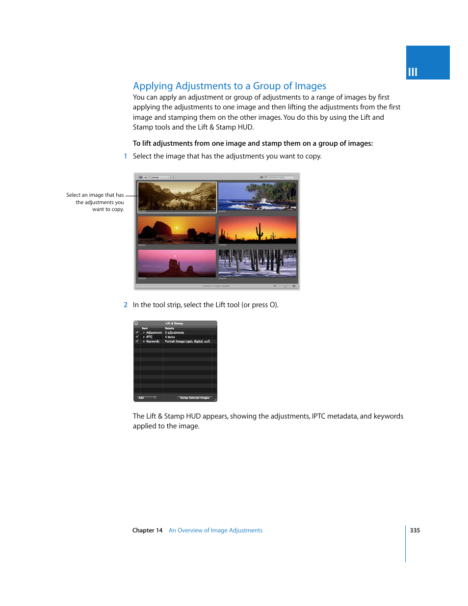 Applying adjustments to a group of images, Applying adjustments to a group of, Images | P. 335) | Apple Aperture 2 User Manual | Page 335 / 701