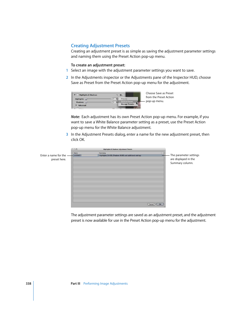 Creating adjustment presets | Apple Aperture 2 User Manual | Page 338 / 701