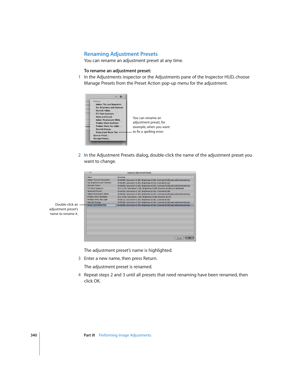 Renaming adjustment presets | Apple Aperture 2 User Manual | Page 340 / 701