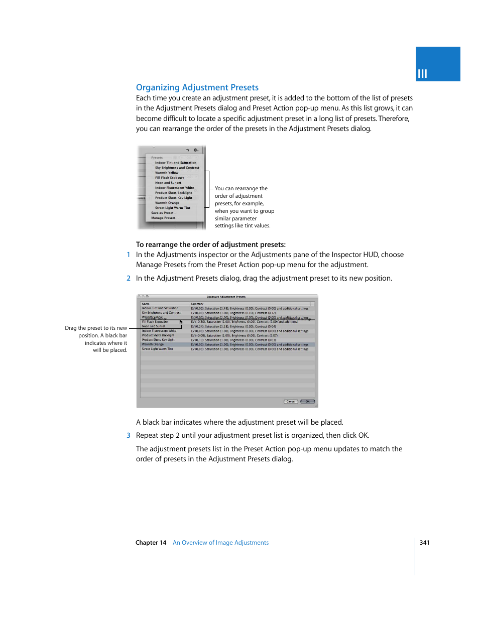 Organizing adjustment presets | Apple Aperture 2 User Manual | Page 341 / 701