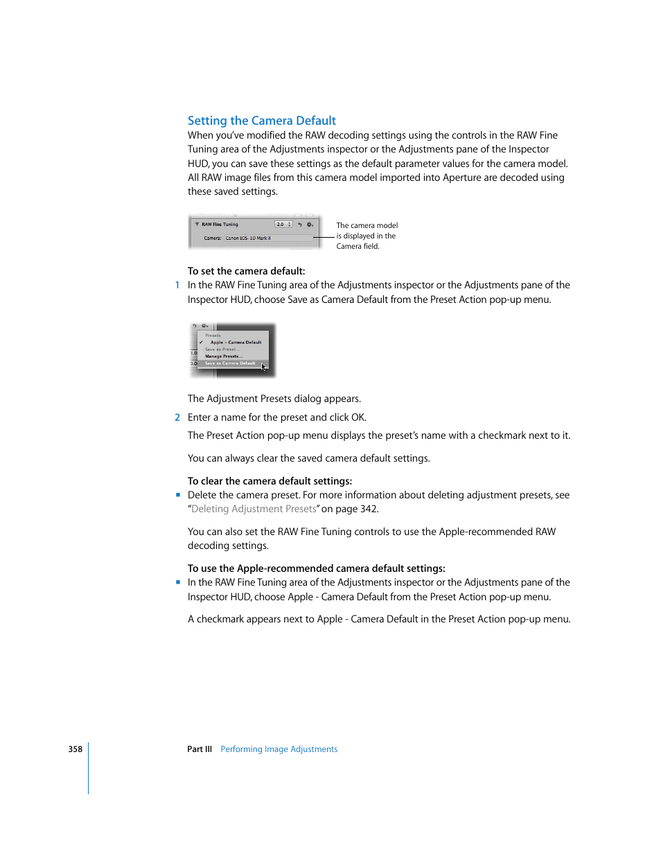 Setting the camera default | Apple Aperture 2 User Manual | Page 358 / 701