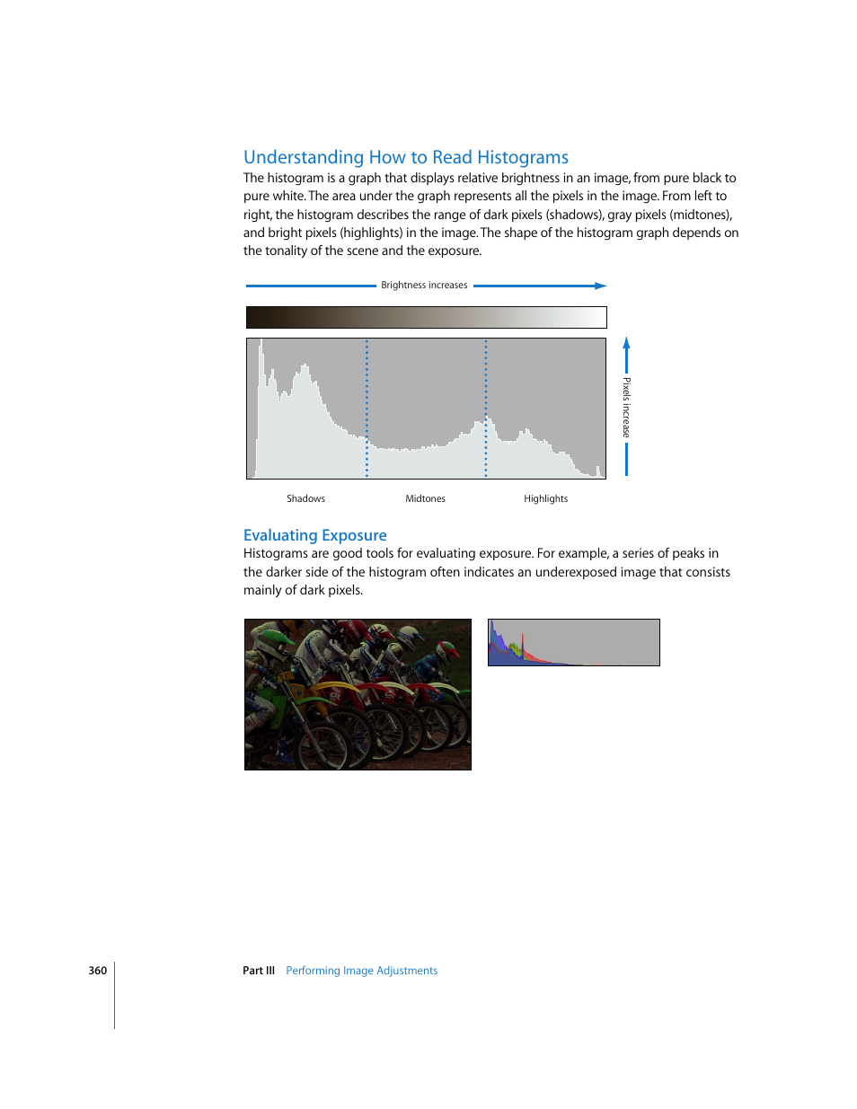 Understanding how to read histograms, Evaluating exposure, P. 360) | Understanding how to, Read histograms | Apple Aperture 2 User Manual | Page 360 / 701