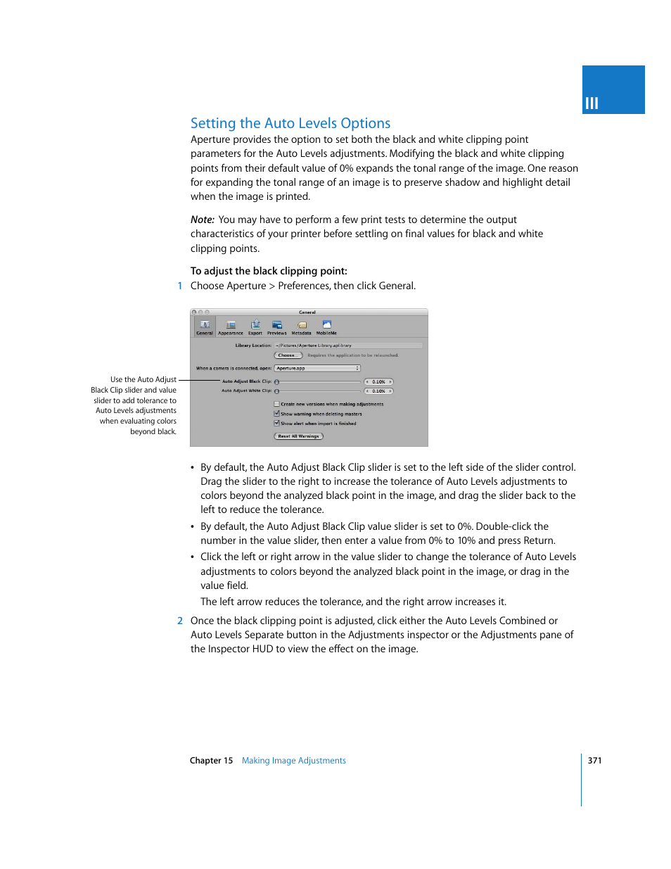 Setting the auto levels options | Apple Aperture 2 User Manual | Page 371 / 701