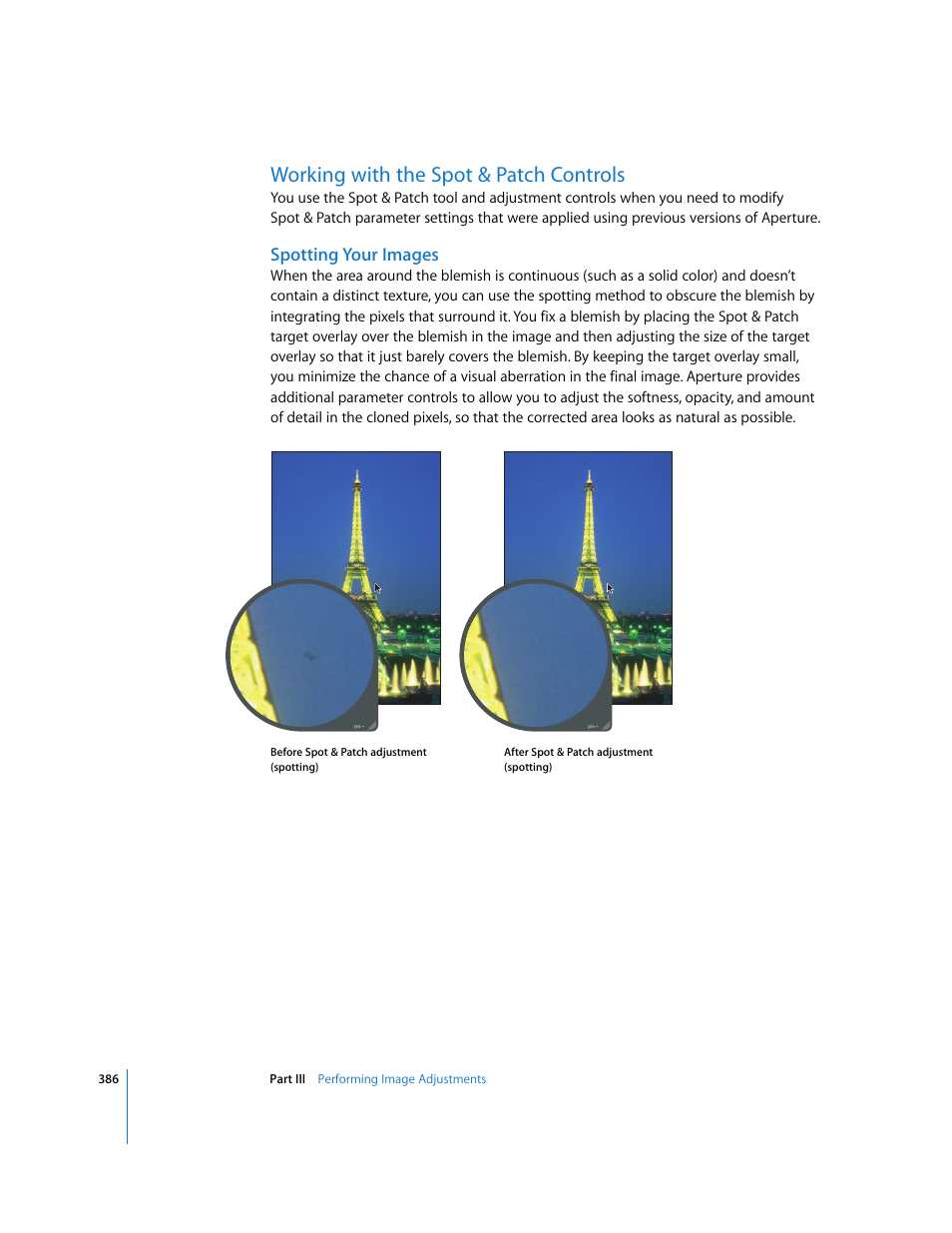 Working with the spot & patch controls, Spotting your images | Apple Aperture 2 User Manual | Page 386 / 701