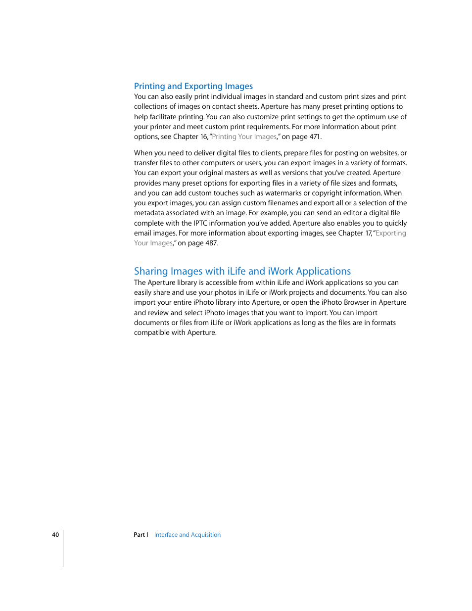 Printing and exporting images, Sharing images with ilife and iwork applications, P. 40) | Apple Aperture 2 User Manual | Page 40 / 701
