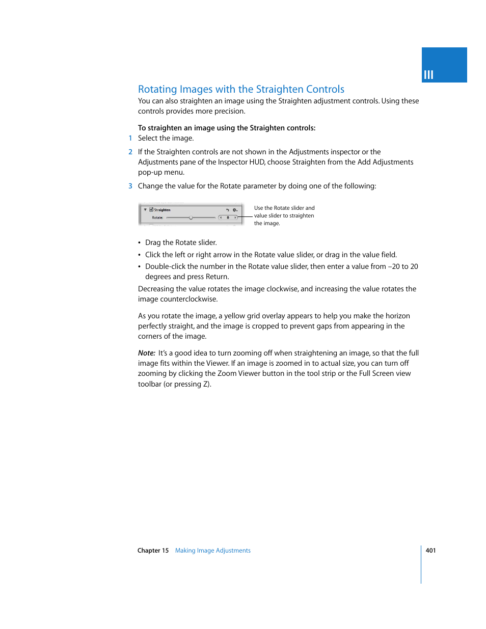 Rotating images with the straighten controls | Apple Aperture 2 User Manual | Page 401 / 701