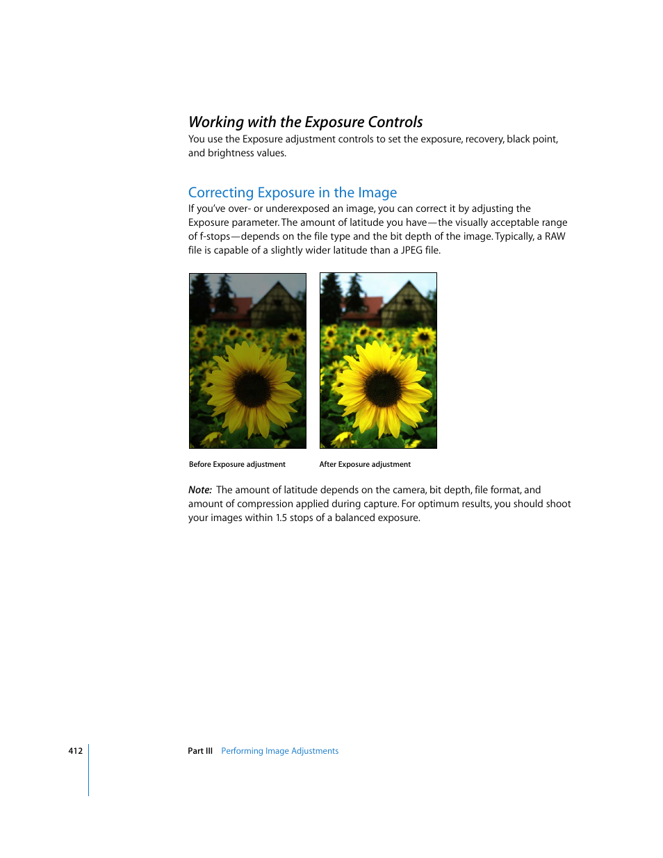 Working with the exposure controls, Correcting exposure in the image, P. 412) | Working, With the exposure controls | Apple Aperture 2 User Manual | Page 412 / 701