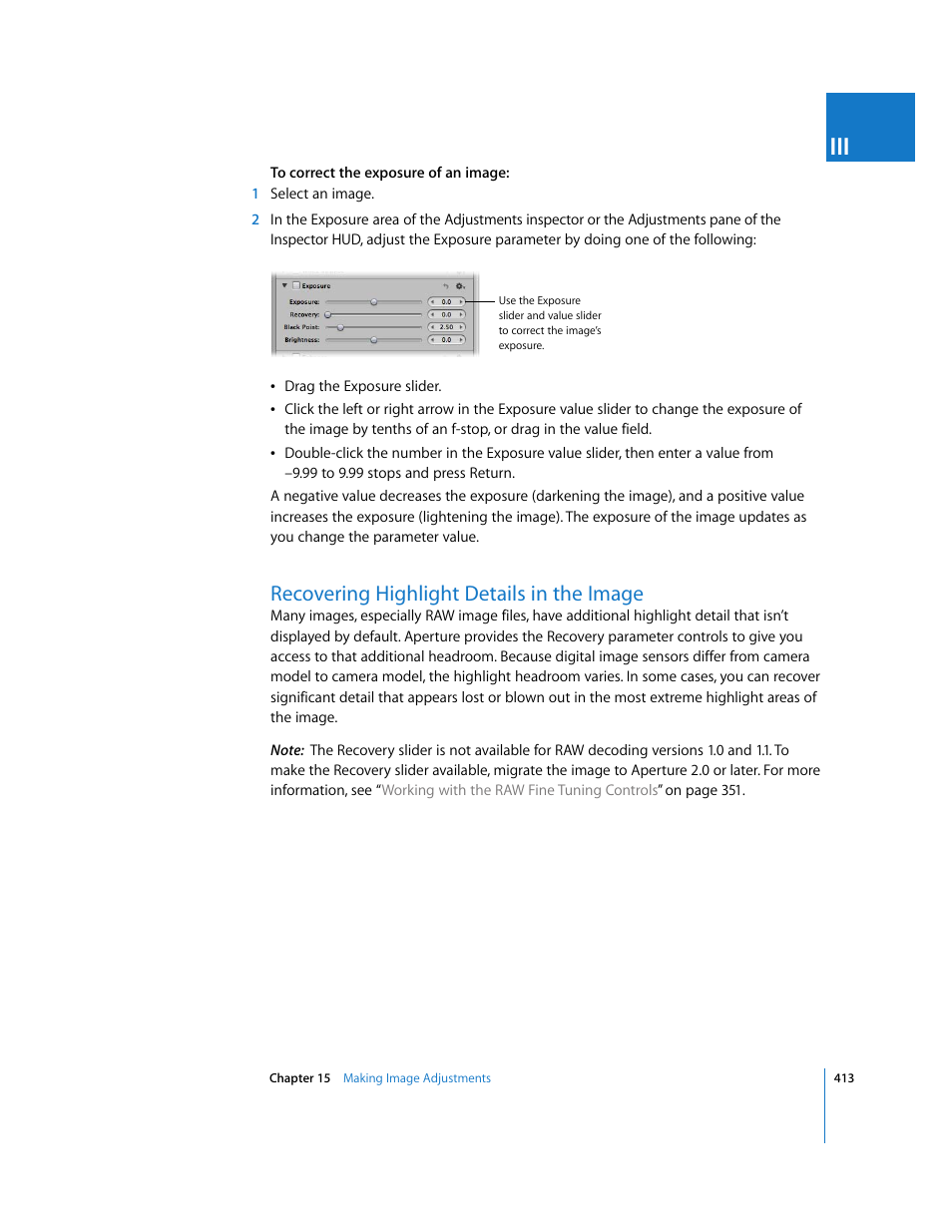 Recovering highlight details in the image | Apple Aperture 2 User Manual | Page 413 / 701