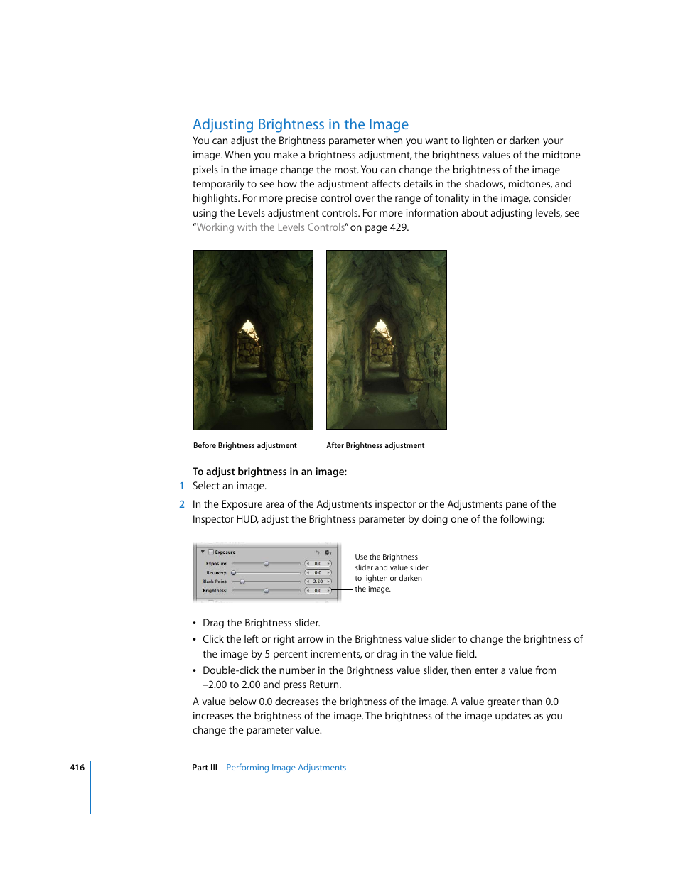 Adjusting brightness in the image | Apple Aperture 2 User Manual | Page 416 / 701