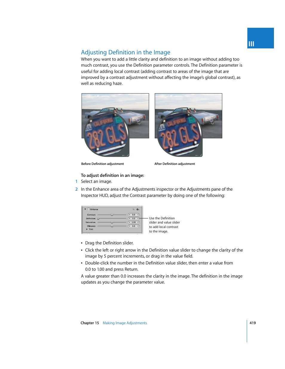 Adjusting definition in the image | Apple Aperture 2 User Manual | Page 419 / 701