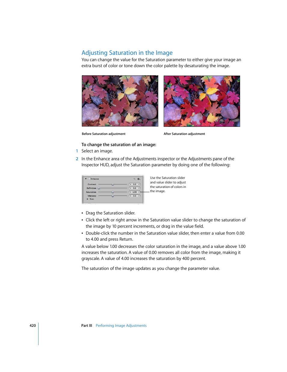 Adjusting saturation in the image | Apple Aperture 2 User Manual | Page 420 / 701