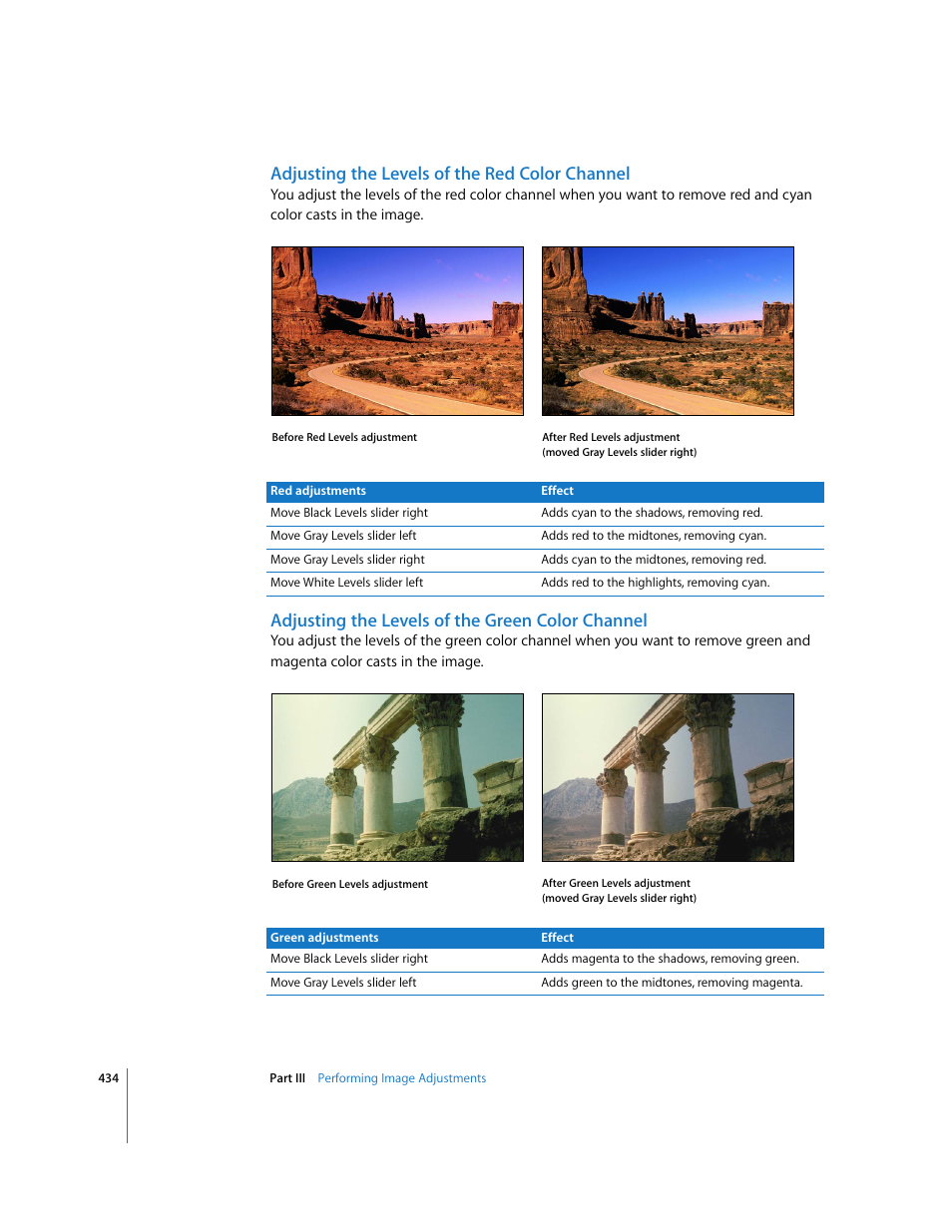 Adjusting the levels of the red color channel, Adjusting the levels of the green color channel | Apple Aperture 2 User Manual | Page 434 / 701