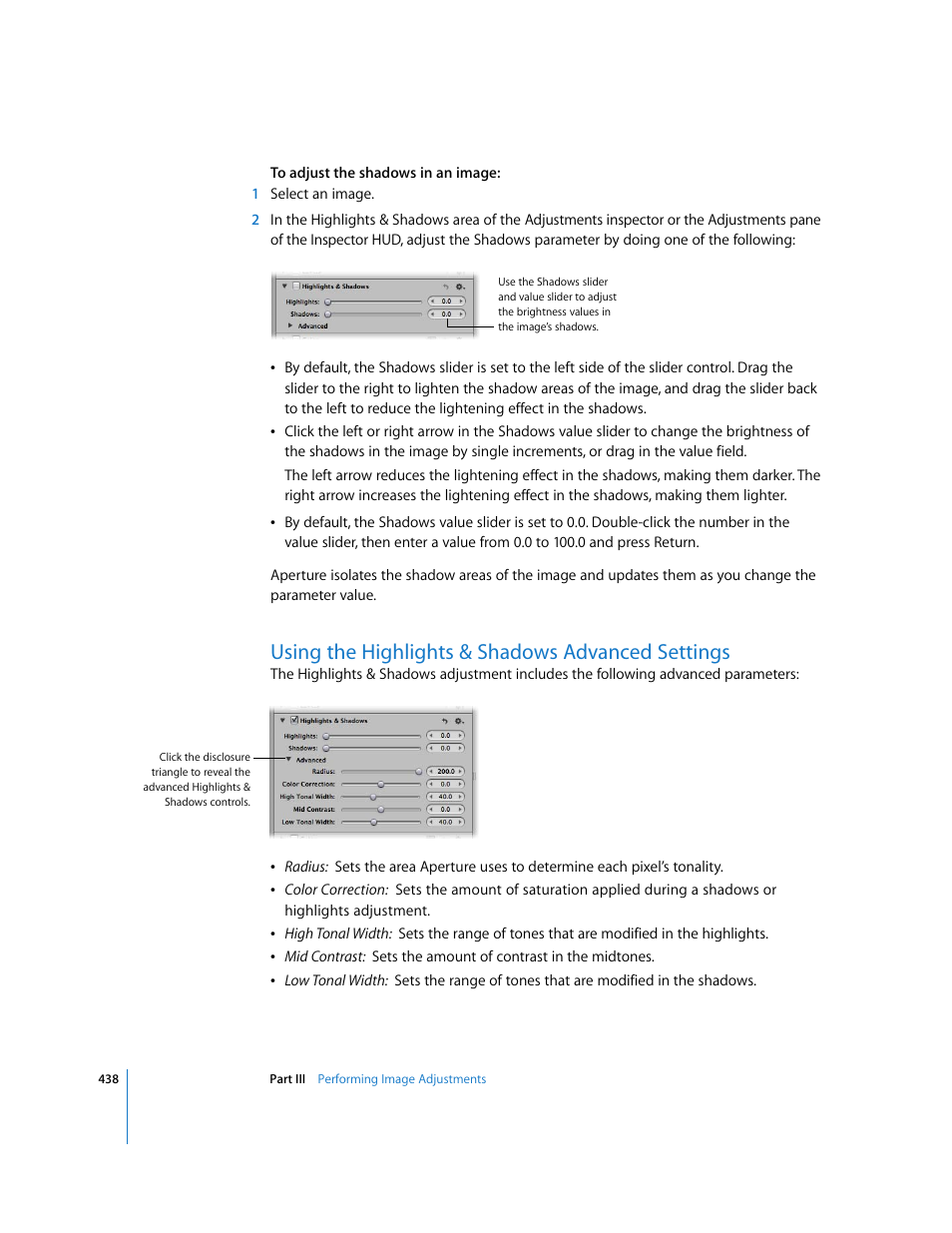 Using the highlights & shadows advanced settings | Apple Aperture 2 User Manual | Page 438 / 701