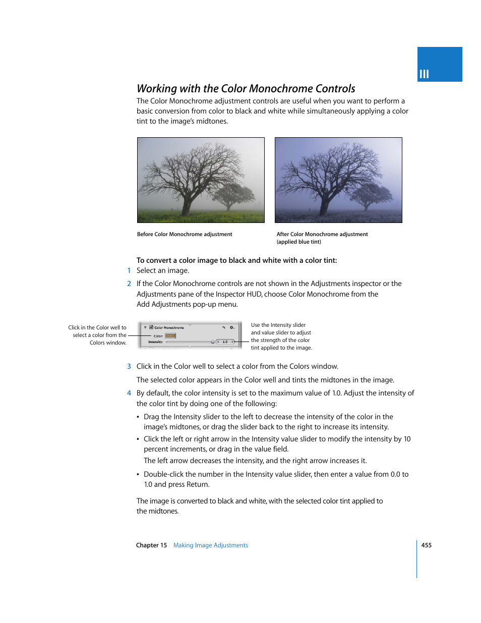 Working with the color monochrome controls, P. 455) | Apple Aperture 2 User Manual | Page 455 / 701