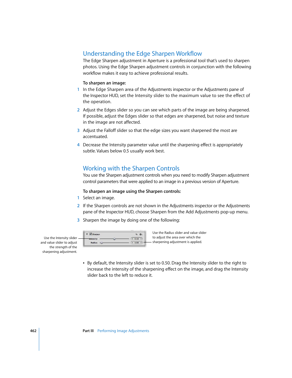 Understanding the edge sharpen workflow, Working with the sharpen controls | Apple Aperture 2 User Manual | Page 462 / 701
