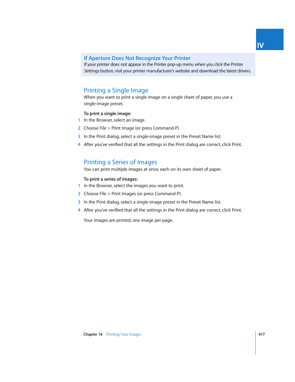 If aperture does not recognize your printer, Printing a single image, Printing a series of images | P. 477) | Apple Aperture 2 User Manual | Page 477 / 701