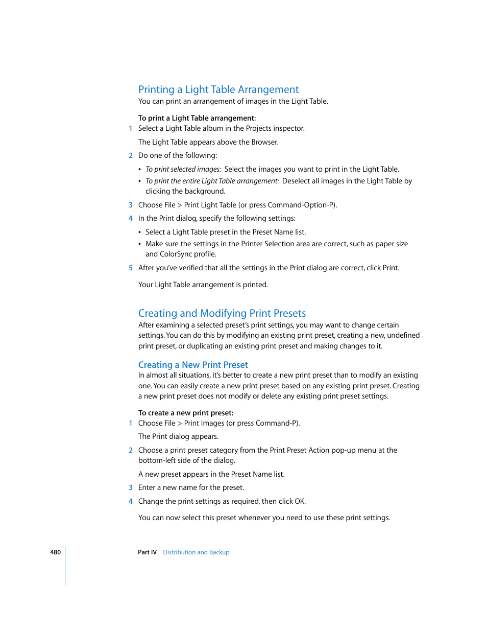 Printing a light table arrangement, Creating and modifying print presets, Creating a new print preset | P. 480) | Apple Aperture 2 User Manual | Page 480 / 701