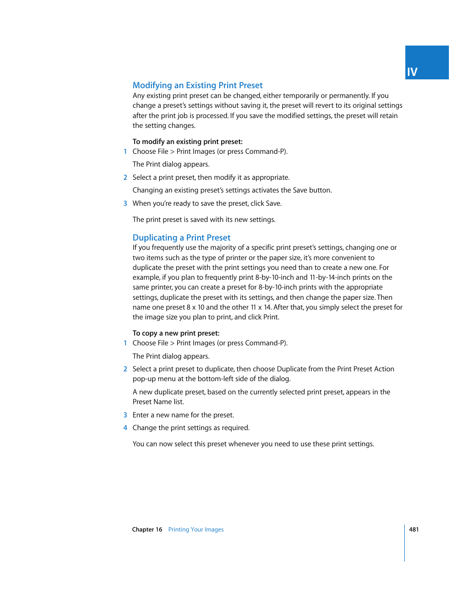 Modifying an existing print preset, Duplicating a print preset | Apple Aperture 2 User Manual | Page 481 / 701