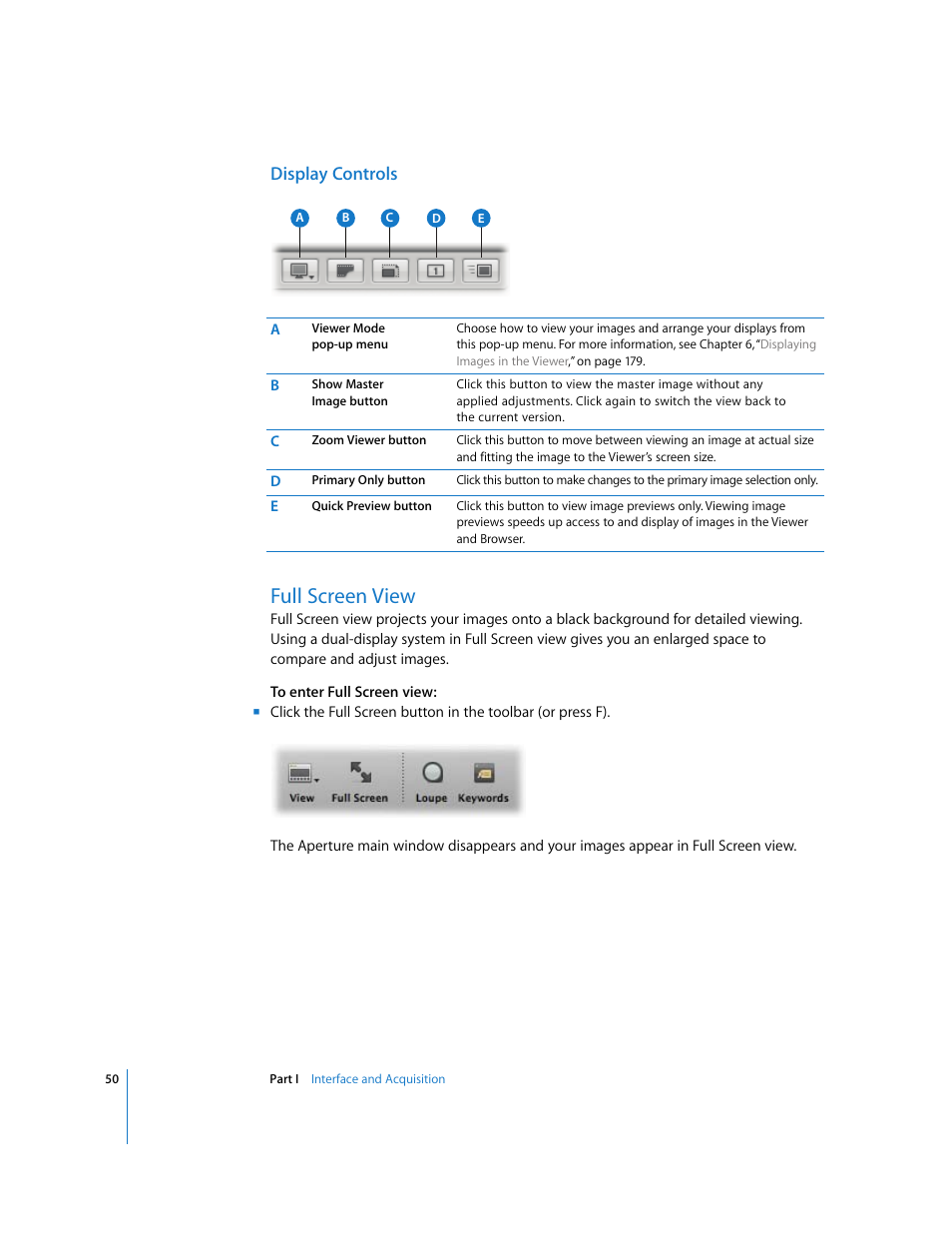 Display controls, Full screen view, P. 50) | Apple Aperture 2 User Manual | Page 50 / 701