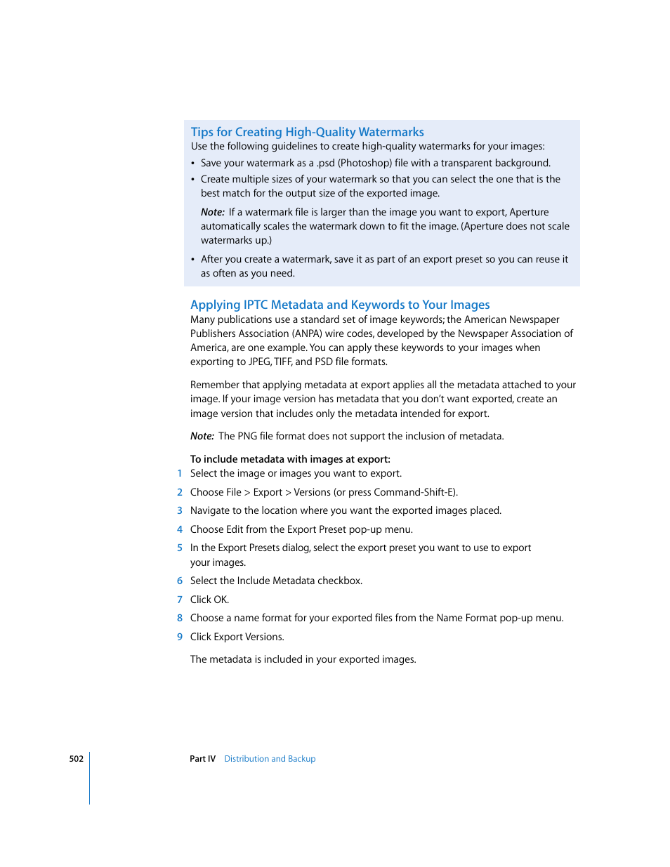 Tips for creating high-quality watermarks, Applying iptc metadata and keywords to your images | Apple Aperture 2 User Manual | Page 502 / 701