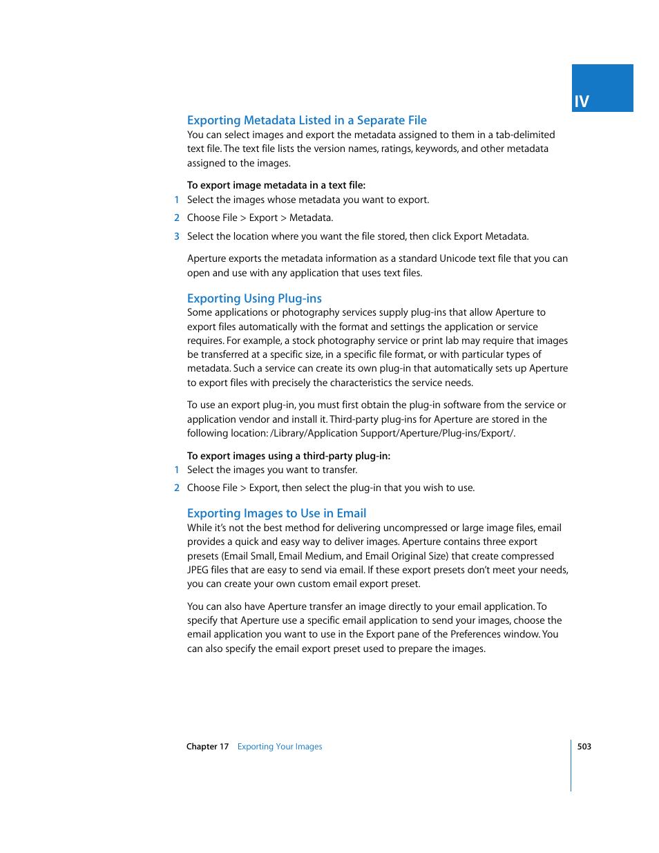 Exporting metadata listed in a separate file, Exporting using plug-ins, Exporting images to use in email | Apple Aperture 2 User Manual | Page 503 / 701