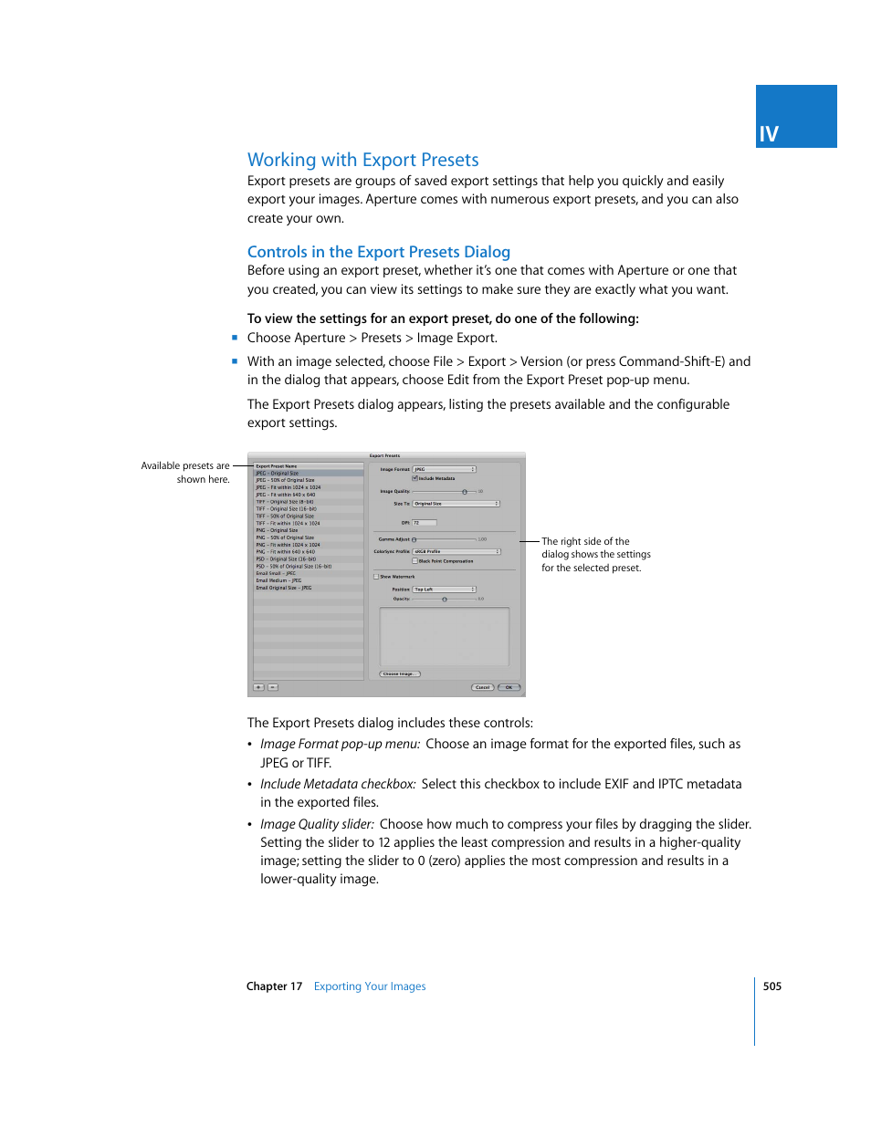 Working with export presets, Controls in the export presets dialog, P. 505) | Apple Aperture 2 User Manual | Page 505 / 701