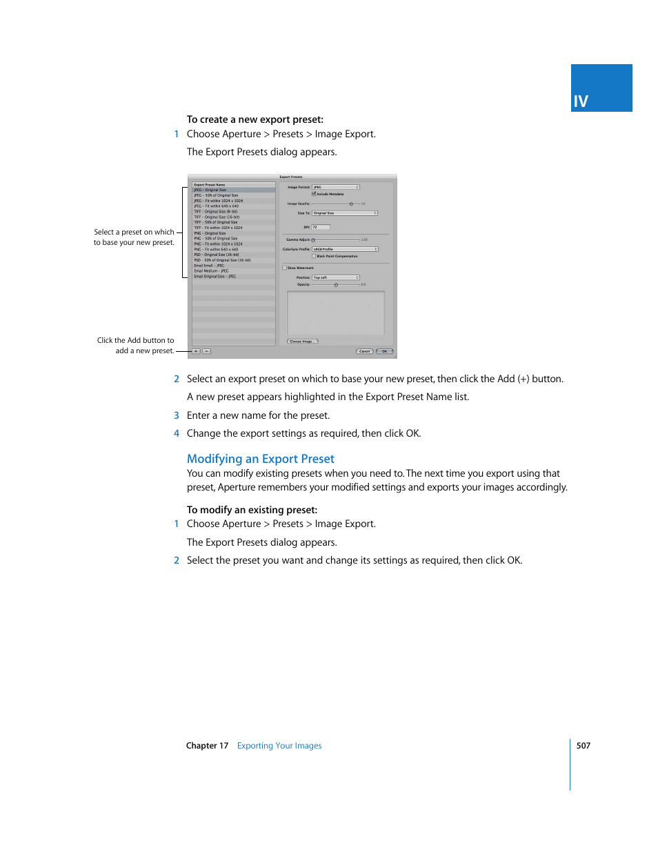 Modifying an export preset | Apple Aperture 2 User Manual | Page 507 / 701