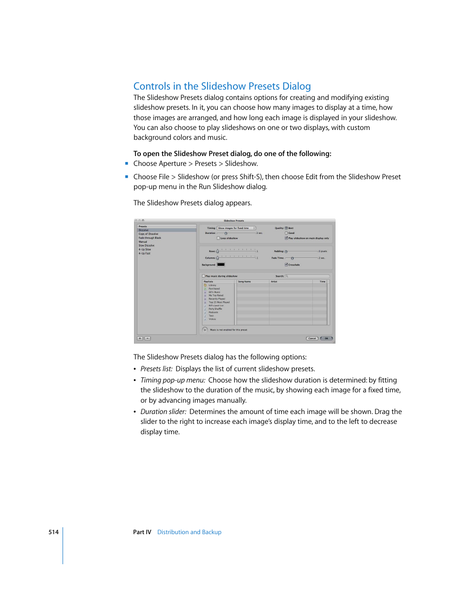 Controls in the slideshow presets dialog, P. 514) | Apple Aperture 2 User Manual | Page 514 / 701