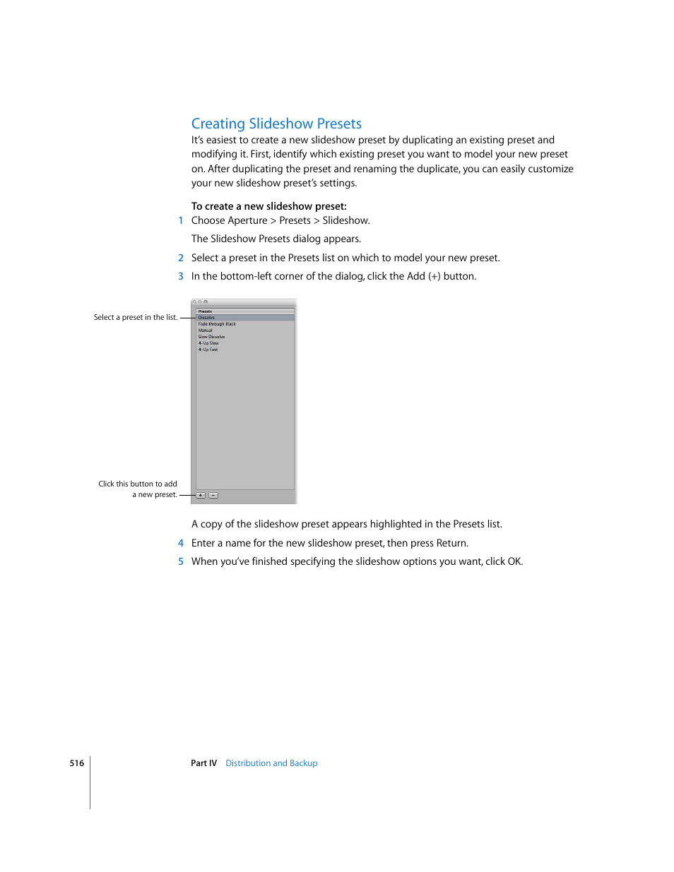 Creating slideshow presets, P. 516) | Apple Aperture 2 User Manual | Page 516 / 701