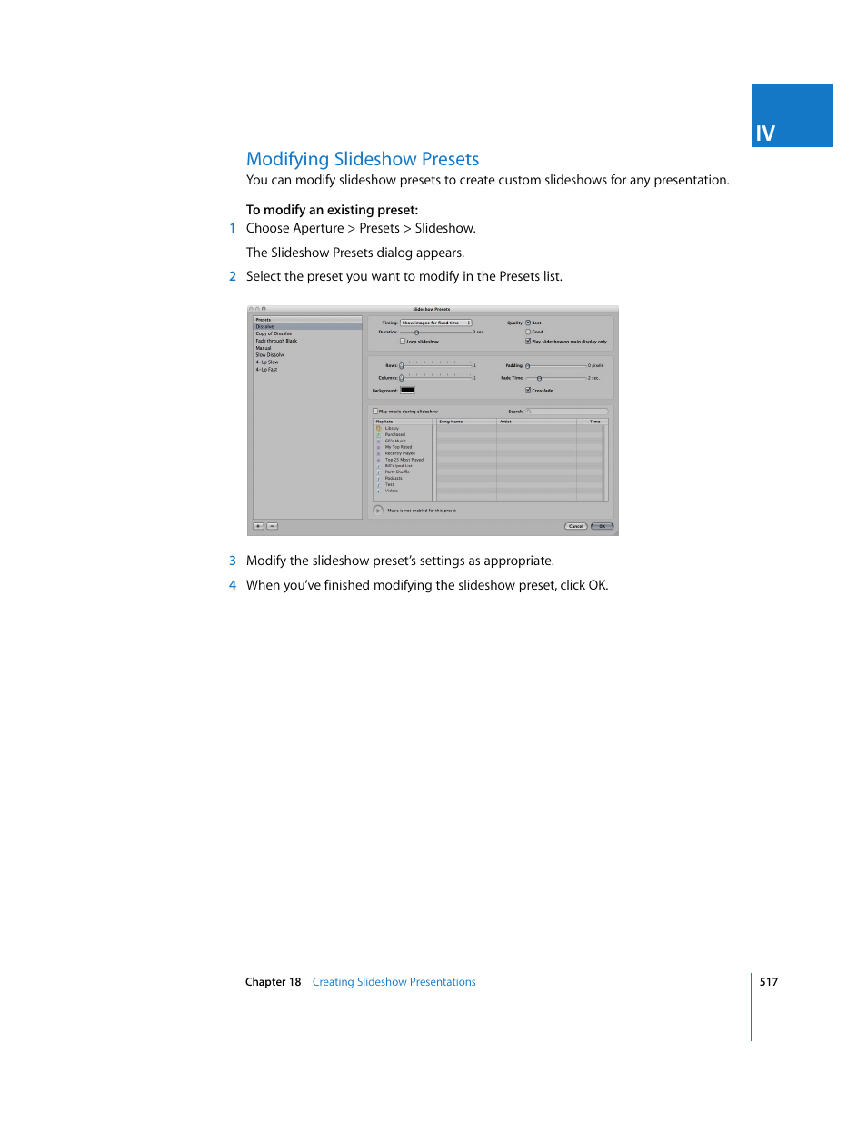 Modifying slideshow presets, P. 517) | Apple Aperture 2 User Manual | Page 517 / 701