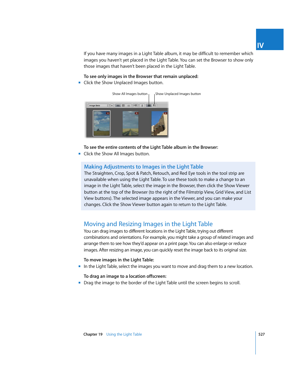 Making adjustments to images in the light table, Moving and resizing images in the light table, P. 527) | Apple Aperture 2 User Manual | Page 527 / 701
