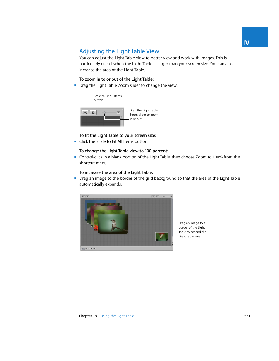 Adjusting the light table view, P. 531) | Apple Aperture 2 User Manual | Page 531 / 701
