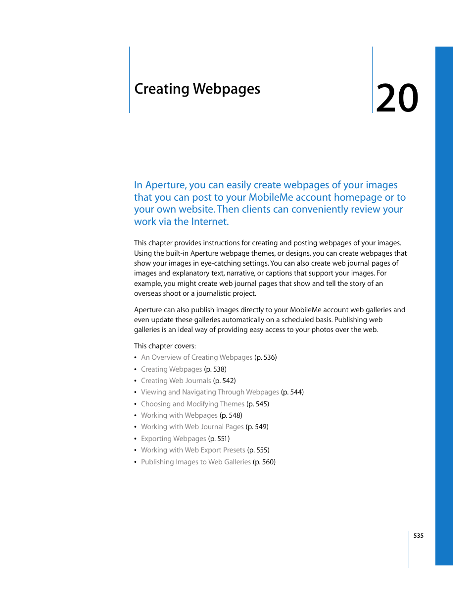 Chapter 20, See chapter 20, Creating webpages | Apple Aperture 2 User Manual | Page 535 / 701