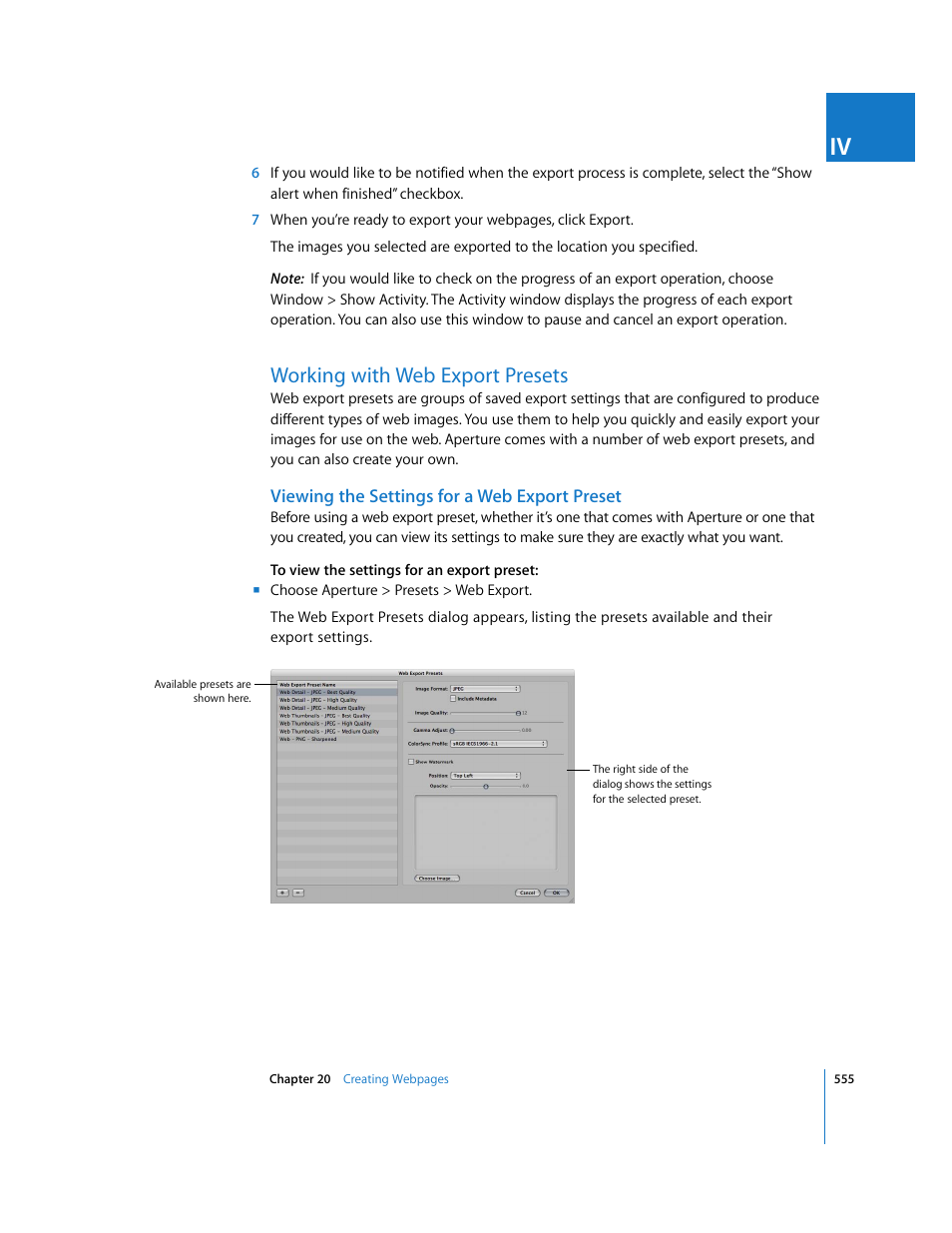 Working with web export presets, Viewing the settings for a web export preset, P. 555) | Apple Aperture 2 User Manual | Page 555 / 701