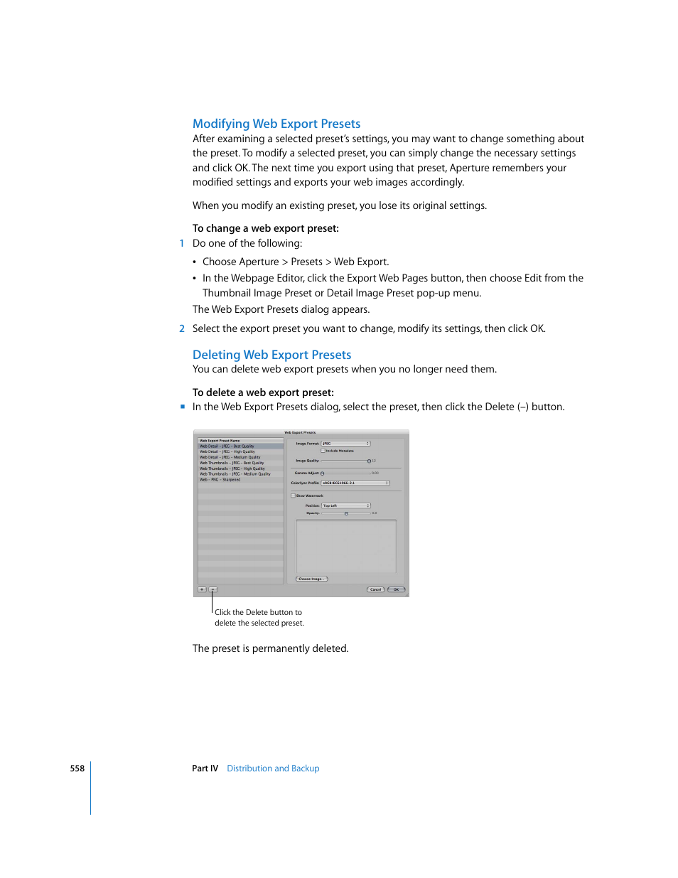 Modifying web export presets, Deleting web export presets | Apple Aperture 2 User Manual | Page 558 / 701