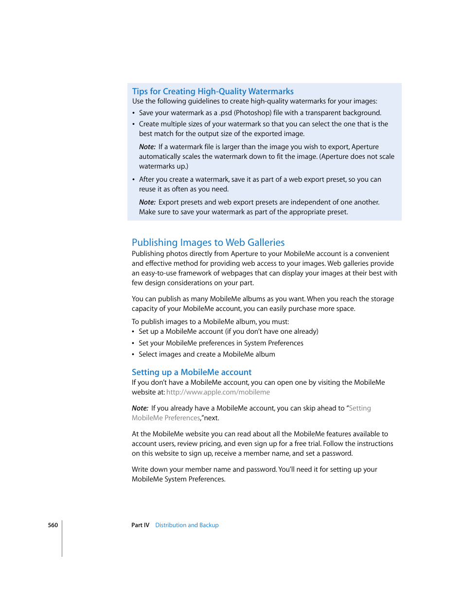 Tips for creating high-quality watermarks, Publishing images to web galleries, Setting up a mobileme account | P. 560) | Apple Aperture 2 User Manual | Page 560 / 701