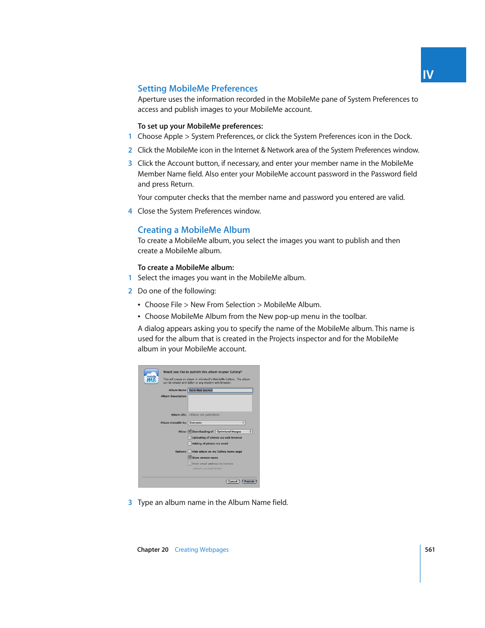 Setting mobileme preferences, Creating a mobileme album, Setting | Mobileme preferences | Apple Aperture 2 User Manual | Page 561 / 701