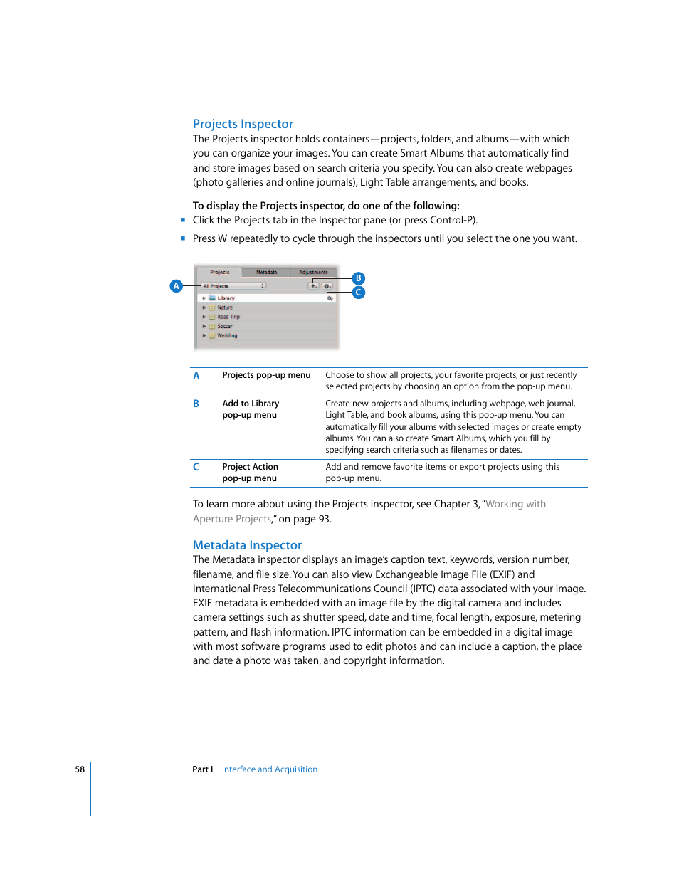 Projects inspector, Metadata inspector | Apple Aperture 2 User Manual | Page 58 / 701