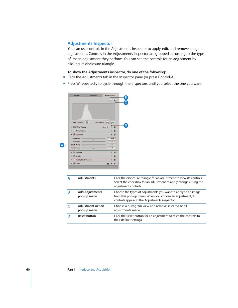 Adjustments inspector | Apple Aperture 2 User Manual | Page 60 / 701