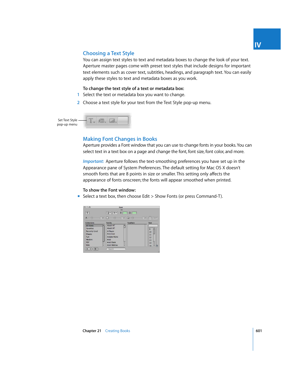 Choosing a text style, Making font changes in books | Apple Aperture 2 User Manual | Page 601 / 701