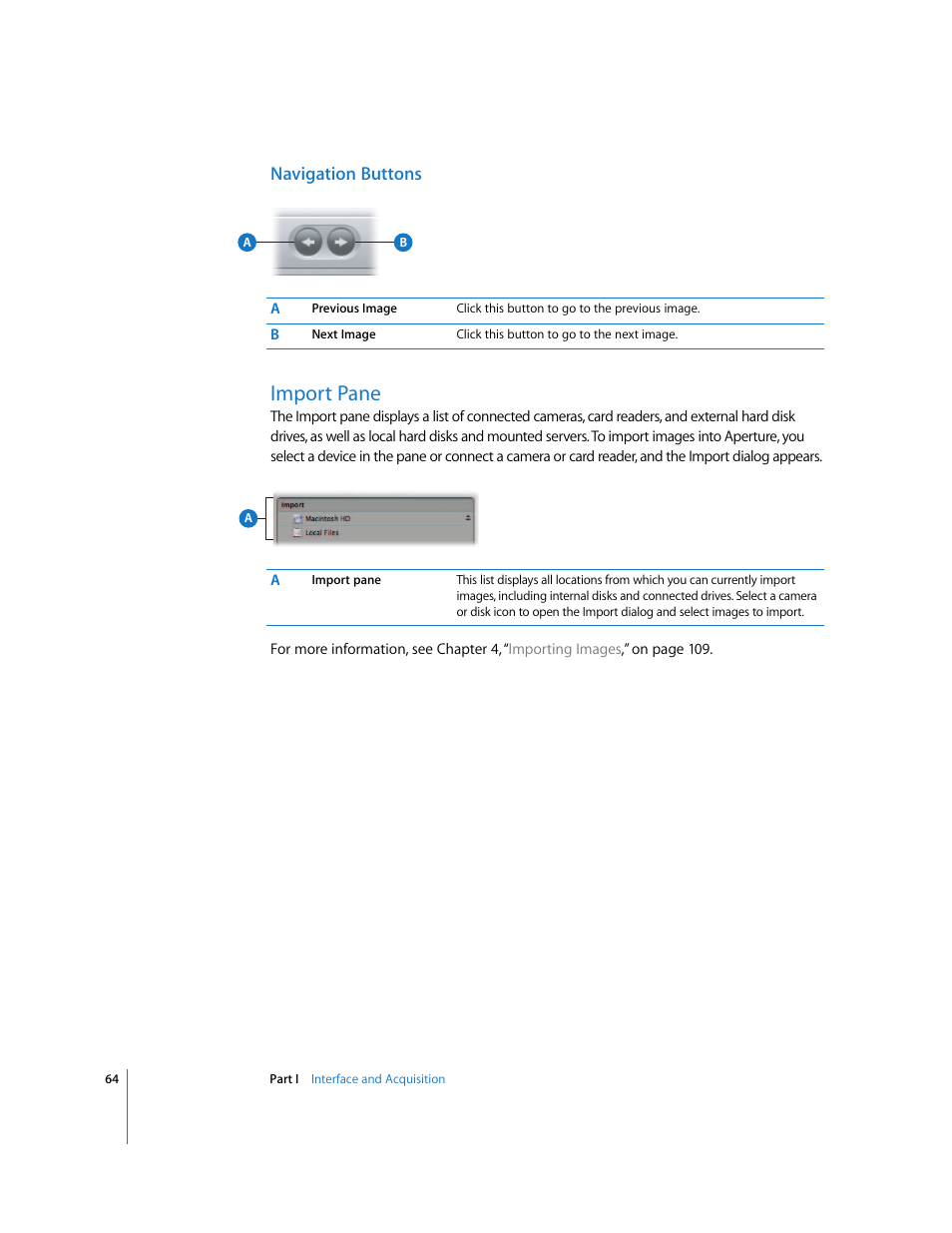 Navigation buttons, Import pane, P. 64) | Apple Aperture 2 User Manual | Page 64 / 701