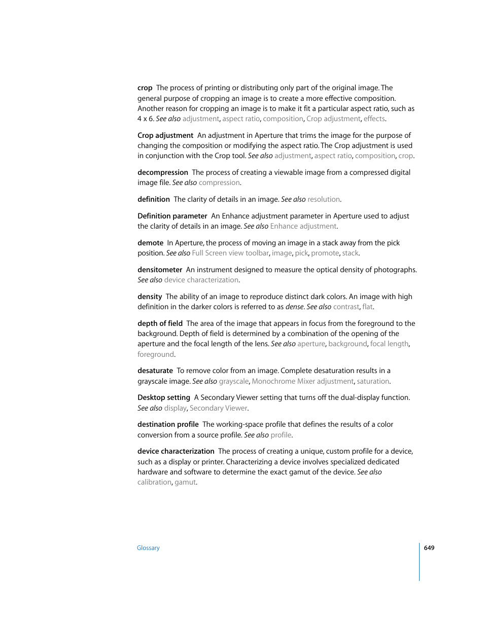 Depth of field, Device, Characterization | Desaturate, Decompression, Density | Apple Aperture 2 User Manual | Page 649 / 701