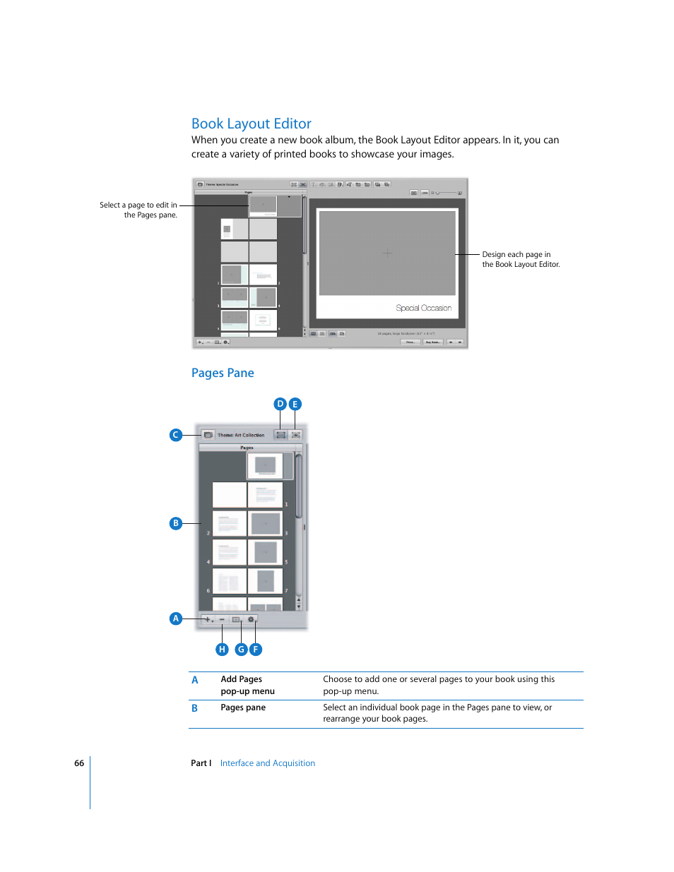 Book layout editor, P. 66), Pages pane | Apple Aperture 2 User Manual | Page 66 / 701