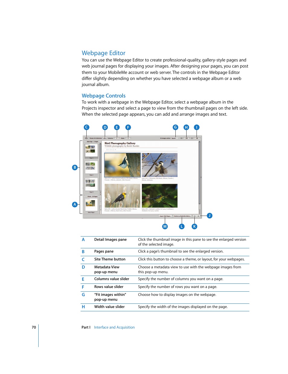 P. 70), Webpage editor, Webpage controls | Apple Aperture 2 User Manual | Page 70 / 701