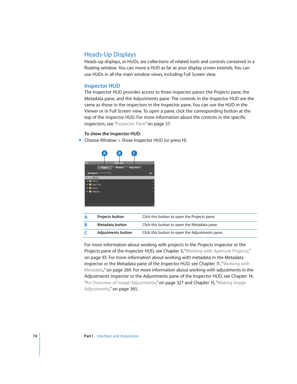 Heads-up displays, Inspector hud, P. 74) | Apple Aperture 2 User Manual | Page 74 / 701