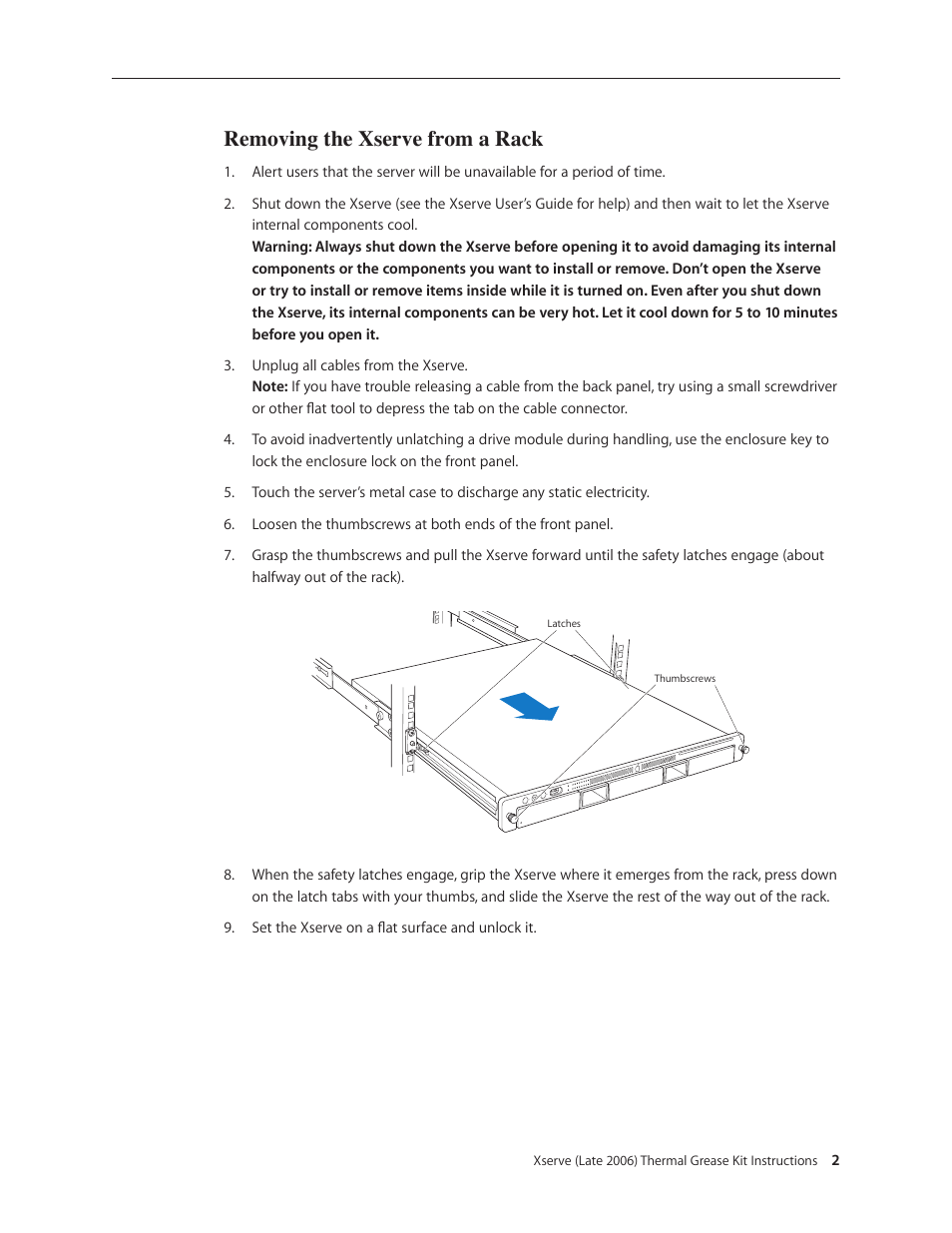 Removing the xserve from a rack | Apple Xserve Intel (Late 2006) DIY Procedure for Thermal Grease Kit User Manual | Page 2 / 10